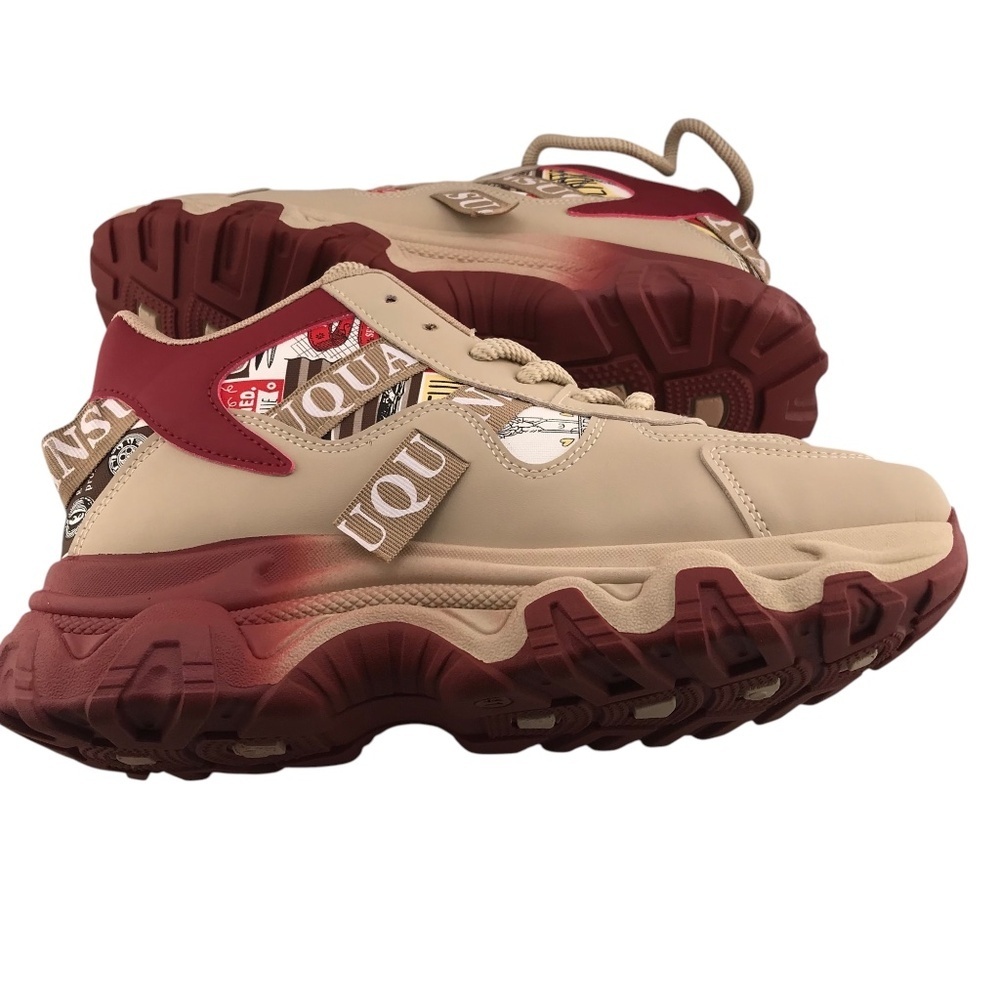 Chunky Graphic Sneakers Beige Red | Streetwear Fashion Trainers